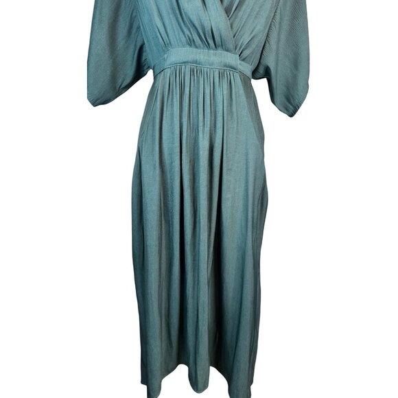 ZARA XS Green Midi Wrap Dress Tie Waist Puff Sleeves Polyester Fabric - Picture 6 of 15